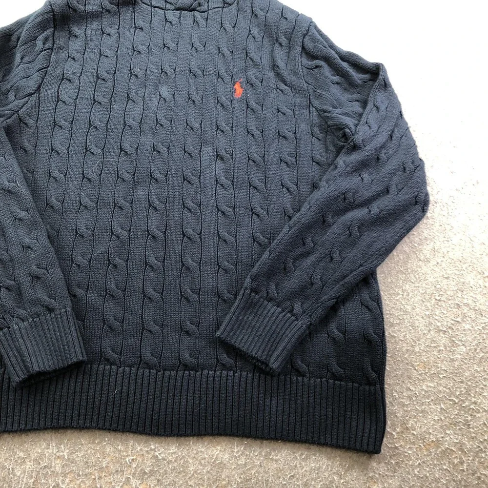 Polo Ralph Lauren Sweater Mens Large Blue Cable Knit Hooded Pullover Logo